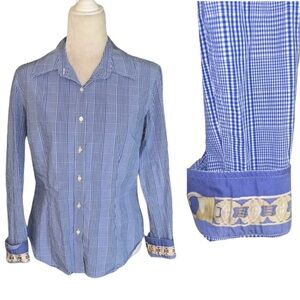 J. McLaughlin Blue White Gingham Plaid Poplin Silk Combo Button Down Shirt - 10